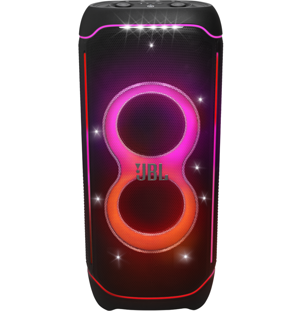 Parlante negro JBL Ultimate con luces LED encendidas